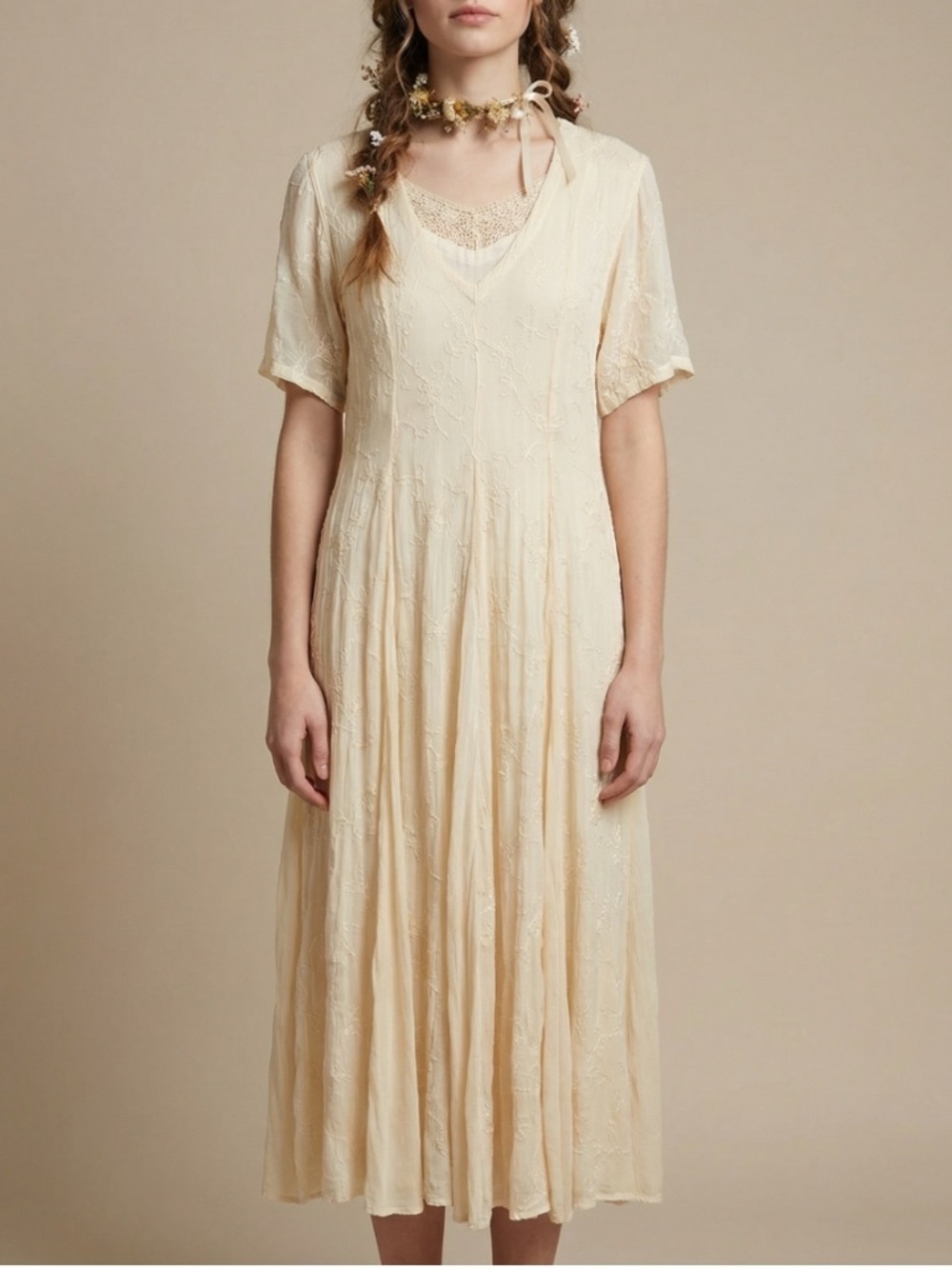 vintage 90s cream yellow embroidered tea length dress prairie Fairy Romantic